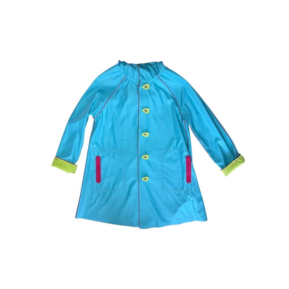 UBU Piped Reversible Parisian Style Bright Blue Lime Green Hooded Raincoat Small - Picture 3 of 11
